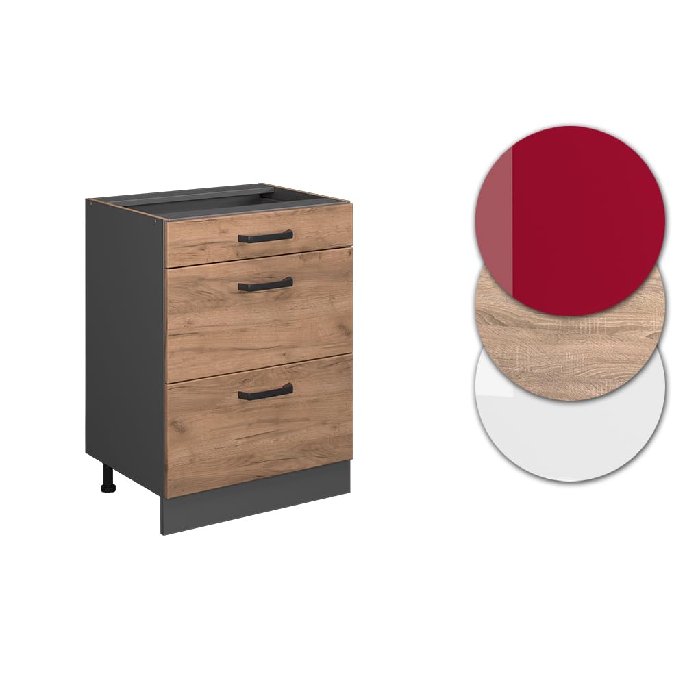 Vicco Meuble Cuisine R-Line, Chêne de Force doré, 60cm avec tiroirs, sans PT, pour Une Combinaison Libre au Sein de systèmes de Cuisine modulaires