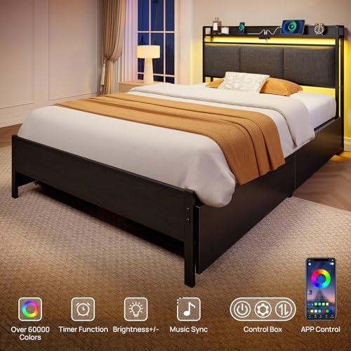 Image of Rolanstar Bed Frame Twin Size with Charging Station and LED Lights, Upholstered Storage Headboard with Drawers, Heavy Duty Metal Slats, No Box Spring Needed, Noise Free, Easy Assembly, Dark Grey