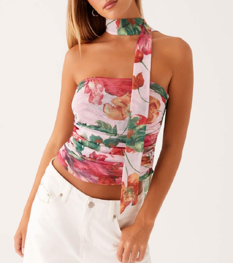 Women Y2k Floral Tube Top Strapless Mesh Halter Tops Sleeveless Bandeau Tank Top with Scarf Going Out Streetwear - Image 3