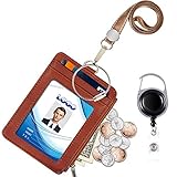 Badge Holder with Zipper, Life-Mate PU Leather ID Badge Card Holder Wallet Case with 5 Card Slots Zipper Pocket 19' Polyester Neck Lanyard Heavy Duty Metal Retractable Badge Reel (tan)