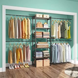 Timate P6 Clothes Rack Bedroom Armoires Heavy Duty Garment Rack Adjustable Walk in Closet Organizer System Kit Tower with Expandable Hanging Rod 5-Tier Closet Storage Shelves, Fits 6-9 ft Space, Black