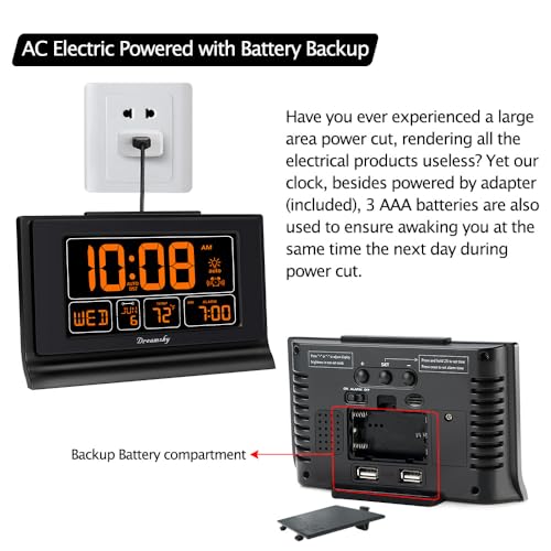 Image of DreamSky Digital Alarm Clock with Battery Backup, 5 Inch Large Display, Auto Set Clock, USB Charging Ports, 12 /24H | Digital Clock with Date & Day of Week, 5 Inch Large Display, Weekday, Temperature, USB Port, Auto DST, Brightness Dimmer