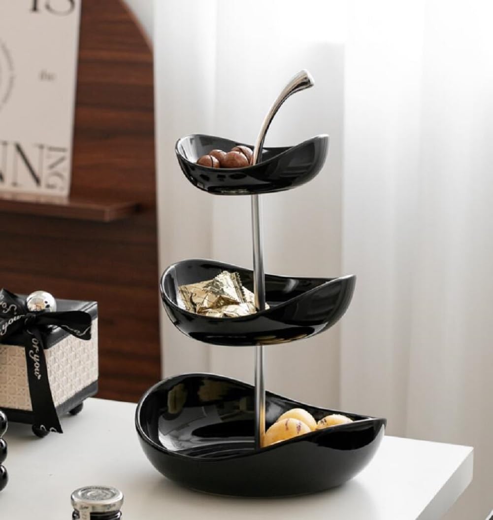 Cestino per Frutta in Ceramica A 3 Livelli Piano Cucina, Portafrutta con Supporto in Metallo,Fruttiera in 3 Ripiani Vassoio da Portata per Cibo, Verdure, Torte E Dessert per Feste,Nero