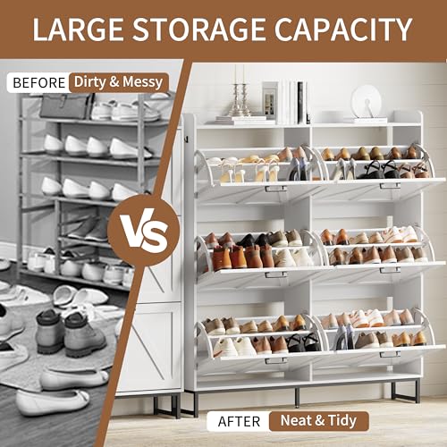 Image of Shoe Cabinet with 6 Flip Drawers, Freestanding Hidden Shoe Storage Organizer for Entryway, Narrow Slim Shoe Rack Cabinet with Open Storage & Hooks for Front Door Entrance, Living Room, Hallway, White
