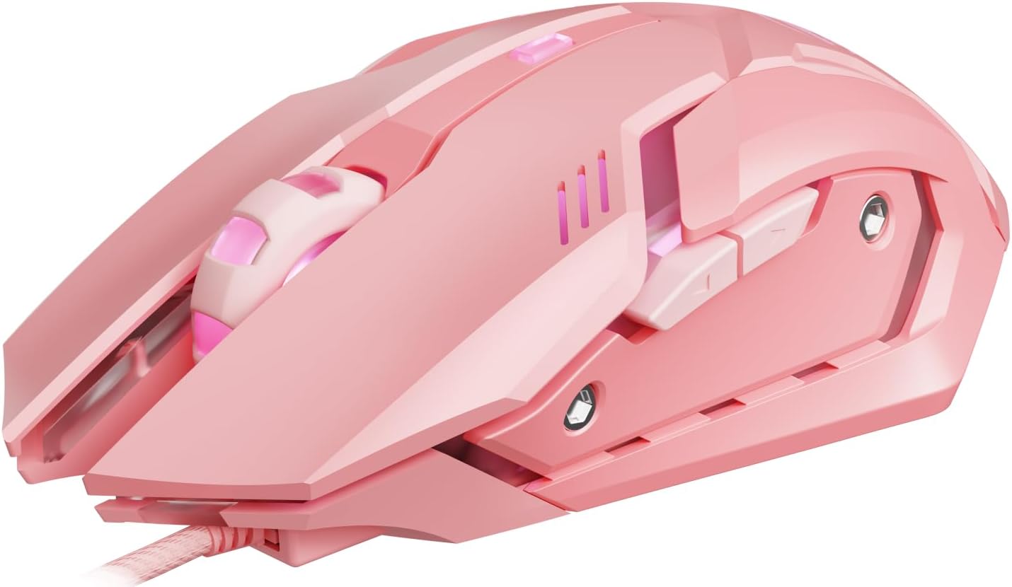EWEADN G3 Wired Gaming Mouse, 2400 DPI Wired Optical Mouse with 6 Programmable Macro Buttons, Metal Base, 4-Color Breathing Light for PC/Laptop/Windows-Pink EWEADN G3 Wired Gaming Mouse, 2400 DPI Wired Optical Mouse with 6 Programmable Macro Buttons, Metal Base, 4-Color Breathing Light for PC/Laptop/Windows-Pink