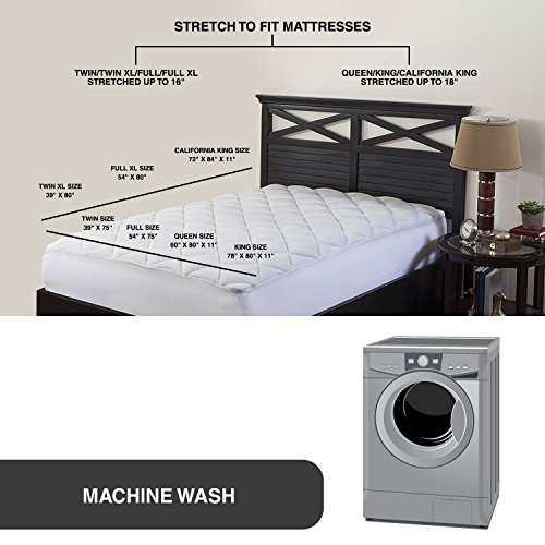 Mastertex Down Alternative Mattress Pad Cover, Double Puff Quilted Mattress Topper, Extra Plush Fiberfill Topped With Super Soft Fleece - Two Layers (White - Twin Size - 39"X75") #TOP6