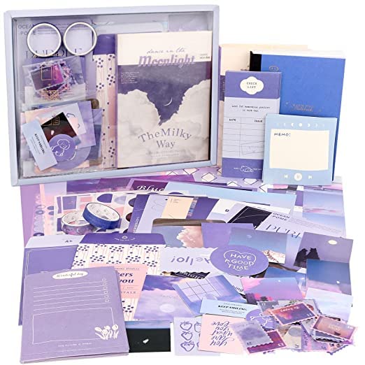 Image of 348 Pcs Scrapbook Kit Vintage Aesthetic Scrapbook Kit for Bullet Junk Journal Stationery A6 Grid Notebook, DIY Supplies,Birthday Craft Gift for Teen Girl Kid Women (Moonlight)