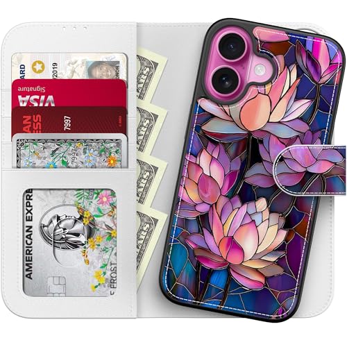 LUHOURI for iPhone 17 Case Wallet - Wireless Charging Compatible Detachable Flip Folio Leather Cover - RFID Blocking 4 Card Slots Holder - Protective Phone Case for Women - Vibrant Lotus Flower