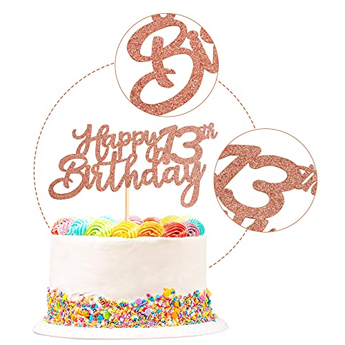 Image of Festiko Rose Gold Glitter 13th Happy Birthday Cake Topper Boys Girls Food Picks for Celebrating Thirteen Years Old Birthday Anniversary Party Decorations Supply