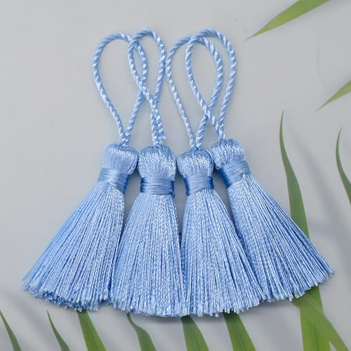 Image of Makhry 20pcs 4.3 Inch Handmade Silky Floss Mini Tiny Craft Tassels with 2-Inch Cord Loop and Small Chinese Knot for Earrings, Souvenir, Bookmarks, DIY Craft Accessory,Tags (Sky Blue)
