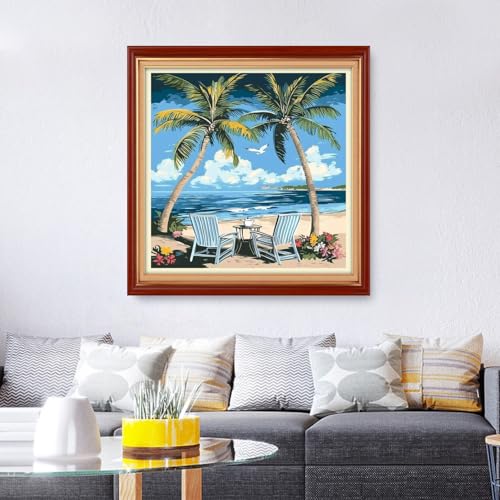 Image of Foxhool Stamped Cross Stitch Kits,11CT Printed Cross Stitch Pattern Full Embroidery Kits for Beginner Needlepoint Kits& Beach Coconut Trees 18x18 inch