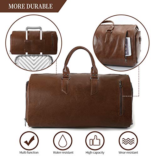 Convertible Leather Garment Bag with Shoes Compartment, Large Carry on Duffel Bag for Men Women - Waterproof Travel Weekender Suit Bag Brown