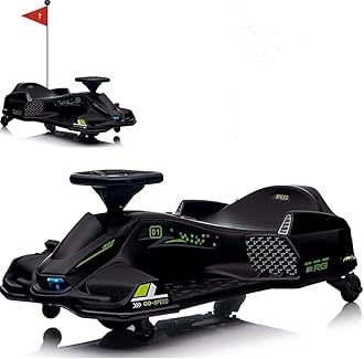 Drift Kart,24V Electric Go Kart for Kids 8+,7Ah Battery 180W Brushless Motor, with High/Low Speed Switch,Music,Front+Tail LED Light,Low-Power Alarm,5.5" Front Tire, for Riders up (Black 12v)