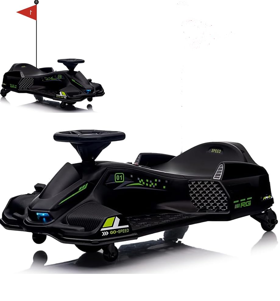 Drift Kart,24V Electric Go Kart for Kids 8+,7Ah Battery 180W Brushless Motor, with High/Low Speed Switch,Music,Front+Tail LED Light,Low-Power Alarm,5.5" Front Tire, for Riders up (Black 12v)