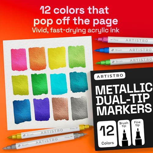 Image of ARTISTRO 12 Metallic Acrylic Paint Markers - Paint Pens for Drawing - For Fabric, Rock, Glass, Wood, Molds - Arts & Crafts Gift for Adults, Teens, Kids, Classroom Must Haves & School Supplies
