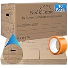NookHome Pack 10 Cajas Mudanza 50x30x30 cm con Asas + Cinta | Alta Resistencia 45L | Iconos de Estancias + Líneas para Escribir | Altura Ajustable | Recicladas | Fabricadas en España