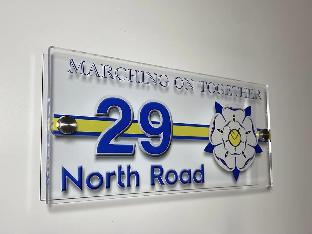 Leeds Football House Number Plaque: Football-Themed House Number Sign, Acrylic, 300 x 140 mm, Wall Mount