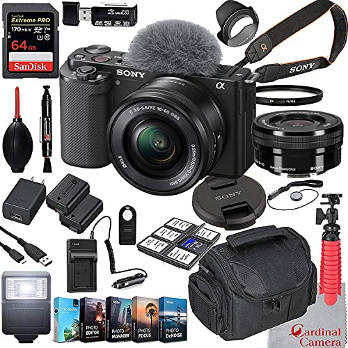 Sony ZV-E10 Mirrorless Camera with 16-50mm Lens ILCZV-E10L/B (Black) Bundle + Extreme Speed 64GB Memory + Accessories