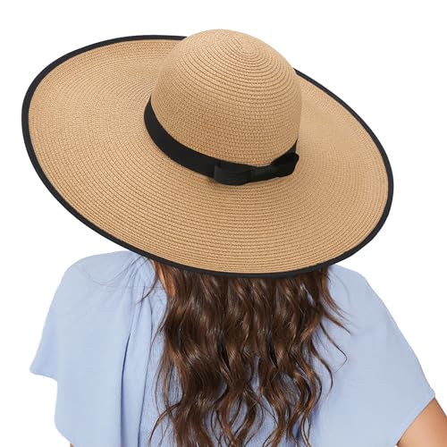 Image of Women Wide Brim Sun Hat UPF50 Straw Summer Hat Floppy Beach Hat Roll-Up