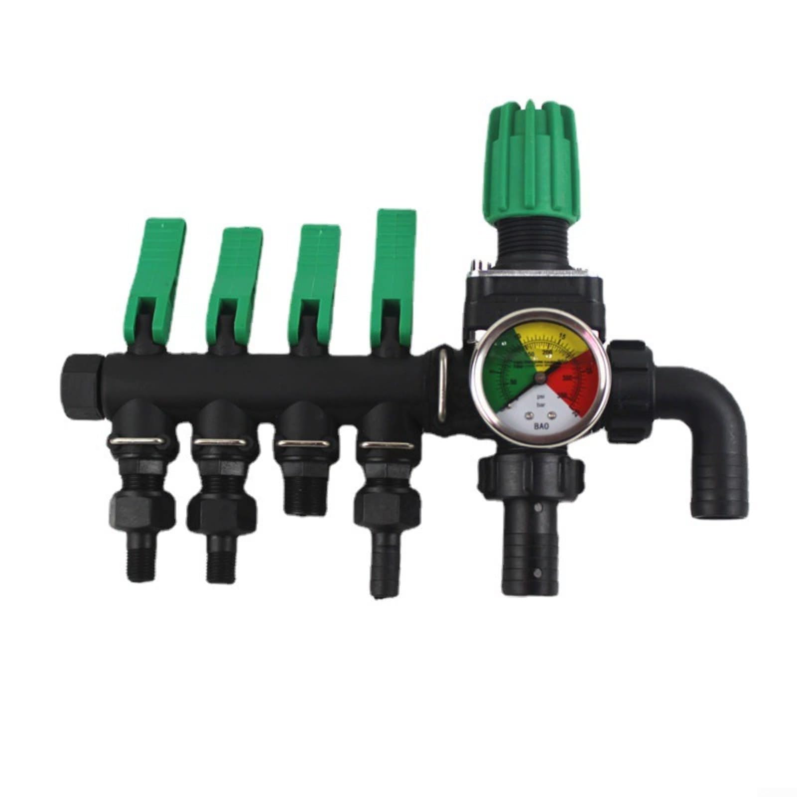 Pulverizador Controlador de tubería de salida de 4 vías para ajuste personalizable de caudal en agricultura paisajismo material ABS verde 34x20x10cm