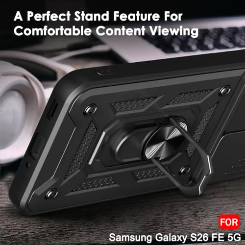 Image of TheGiftKart Tough Armor Bumper Back Cover Case for Samsung Galaxy S26 FE 5G | Sliding Camera Cover, KickStand & Ring Holder | 360 Degree Protection Back Cover Case for Samsung S26 FE (PC & TPU, Black)