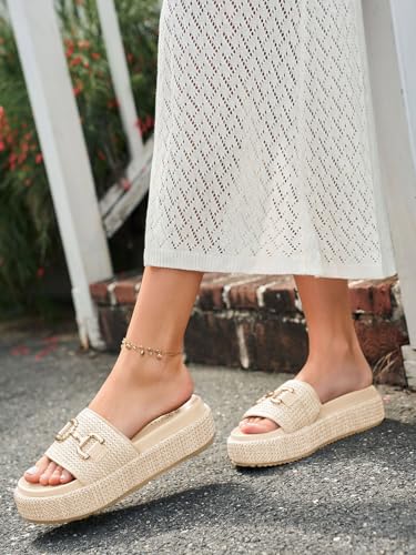 Image of Coutgo Womens Platform Sandals Raffia Espadrilles Metal Chain Slip on Open Toe Cute Beach Slide Sandals