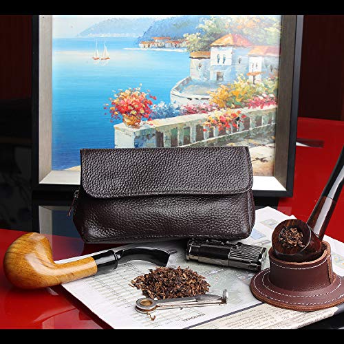 Health Secure Soft Genuine Leather Preserve Freshness Pipe Tobacco Pouch case with 2 Pipe Holder Pocket (Brown) - Thumbnail 4