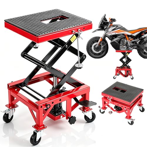 Hydraulic Motorcycle Lift Jack 350LBS Motorbike Scissor Lifter Foot-Operated 13.834 Adjustable Height Lift with 360 Wheels Non-Slip Rubber Pad