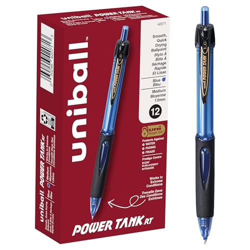 uni-ball Power Tank Lot de 12 stylos à bille rétractables, pointe moyenne, 1 mm, bleu