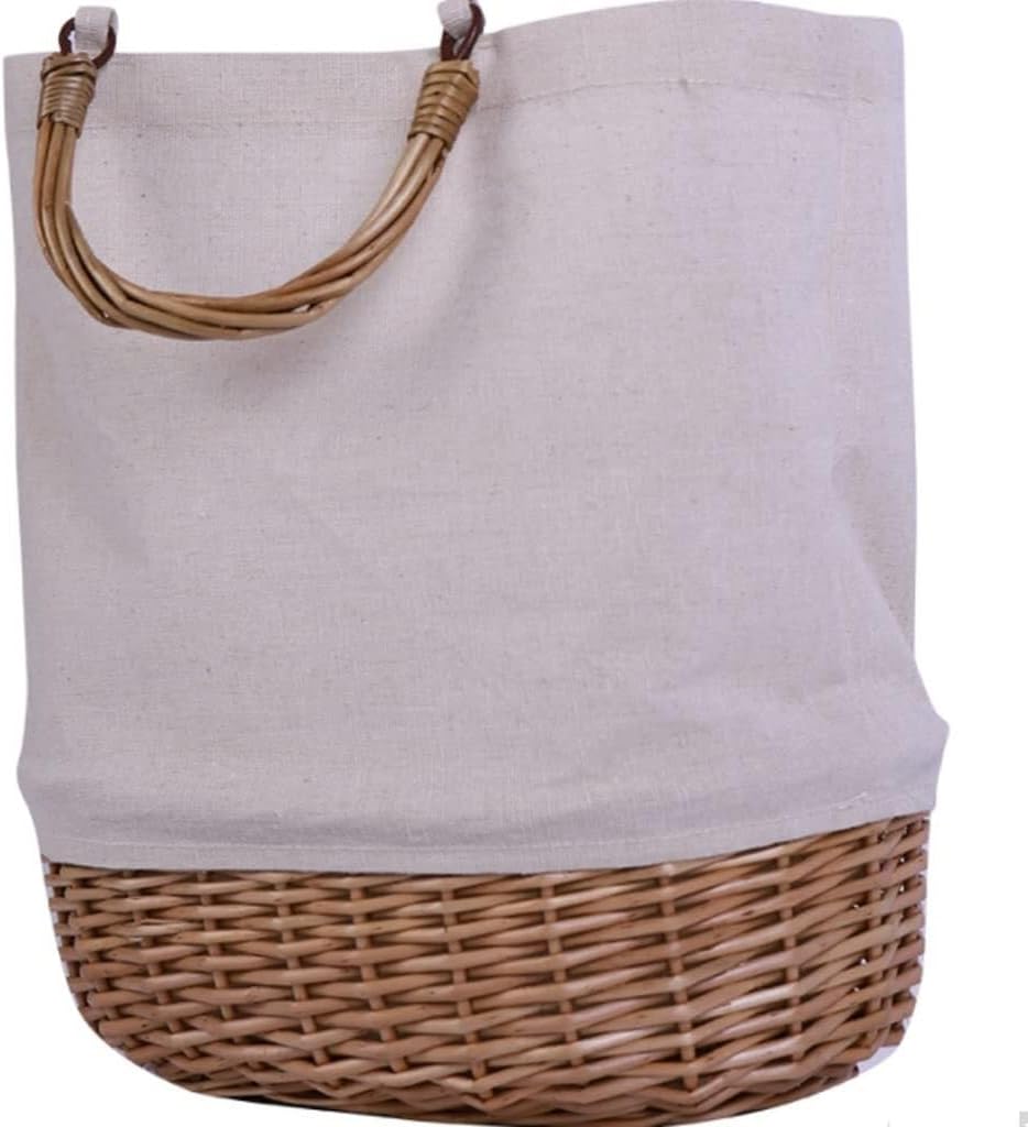 Casual Canvas Drawstring Bag with Portable Hand-Woven Rattan Weave, Durable Fashion Picnic Basket Tote