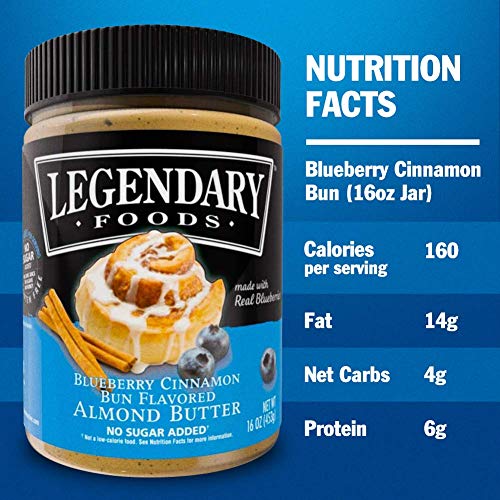 Legendary Foods Almond Butter | Keto Diet Friendly, Low Carb, No Sugar Added, Vegan | Blueberry Cinnamon Bun (16oz Jar)
