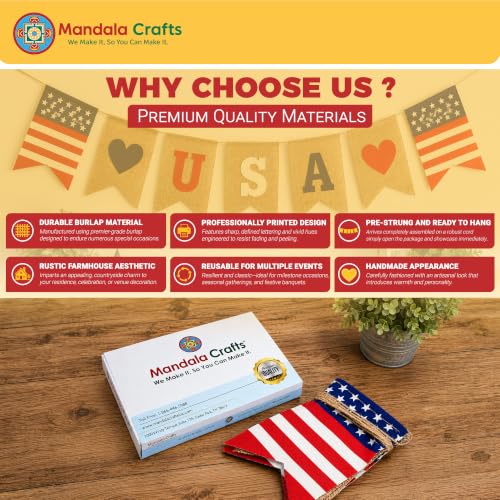 Image of Mandala Crafts Burlap USA Banner Garland for 9 /11 Patriot Day & Labor Day | American Flag Jute Pennant Bunting, Pre-Strung Patriotic Decor for Citizenship Parties, Civic Events & Day of Remembrance