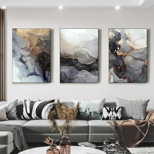 Toile imprimée noir et or abstrait KEBIA 50x70 cm triptyque moderne sans cadre pour salon