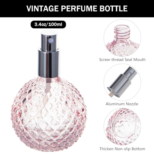 Yebeauty Vintage Perfume Spray Bottle, 3.4oz 100ml Pink Travel Perfume Bottles Empty Glass Perfume Travel Refillable, Perfume Atomizer Sprayer Bottle for Perfume Cologne, Essential Oils3