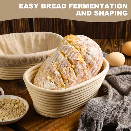 Bread Proofing Baskets Set of 2 8 inch Oval Shaped Dough Proofing Bowls W/Liners Perfect for Professional & Home Sourdough Bread Baking (8Inch, Oval Shaped)