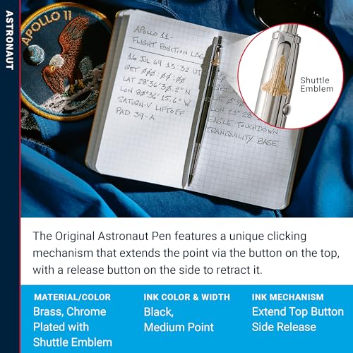 Image of Fisher Space Pen Chrome Shuttle Emblem Original Astronaut Pen, Pressurized Ballpoint Pen Writes Upside Down, Extreme Temperatures, Black Ink, Medium Point, Pocket Clip, Gift Box, Made in USA