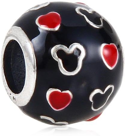 Hoobeads Authentic 925 Sterling Silver Charms Mouse Head with Red Enamel Heart Beads