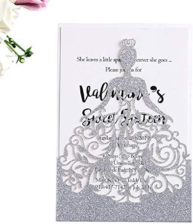 PONATIA 25PCS Silver Glitter Crown Invitation Cards, Sweet 16 Laser Cut Invitations Cards With Envelopes, Printable Inner Sheets For Birthday, Baby Shower, Quinceañera Party Invite, XV Años, Quince