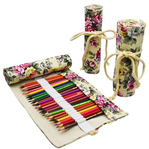 Image of Flowers Pattern Colored Pencil Wrap Canvas Roll Up Holders Peony Coloring Pencil Organizers for Artist Adult Coloring Travel Storage With 24 Slots(Spring)