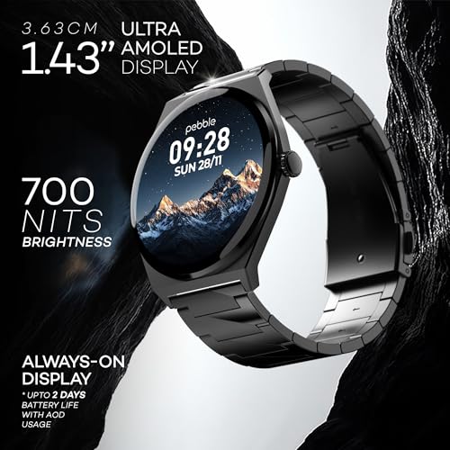 Image of Pebble Royale Steel Luxury Metal Smartwatch | Ultra-Slim Stainless Steel Body, 1.43 inch Ultra AMOLED Display, Always-On Display, Bluetooth Calling, DIY Watch Faces (Black)