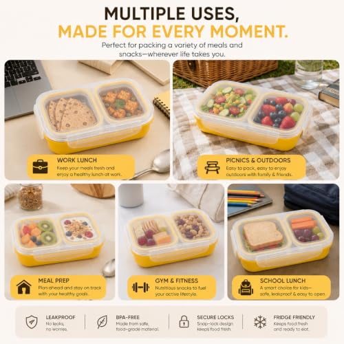 Image of Bento Lunch Box 550ml, Stainless Steel Lunch Box with 2 Compartments & Spoon, Microwave Safe BPA Free Tiffin Box, Leak Resistant Lunch Box for Kids & Adults, Office, School & Travel Yellow