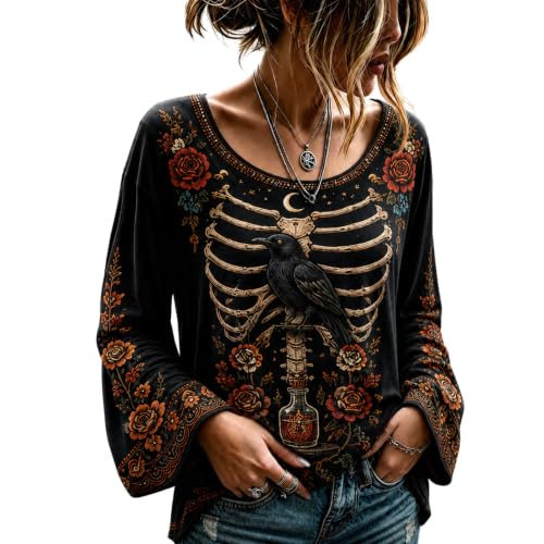 Womens Halloween Shirts Vintage Skeleton Crew Neck Bell Sleeve Shirt - image 1