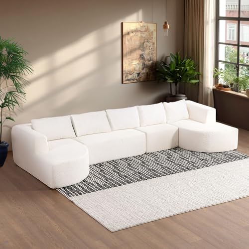 144" Oversized Sectional Couches for Living Room, Modern Luxury Chenille 5-Seater Sofa, Deep Seat Curved Cloud Couch, Modular Sofa with Chaise Lounges & 5 Pillows, No Assembly Required (White)