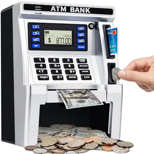 Jyusmile Piggy Bank for Kids, ATM Machine Bank for Real Money with Debit Card, Bill Feeder, Coin Recognition, Balance Calculator, Electronic Savings Safe Box, Cool Stuff Toys Gifts for Teen Boys Girls