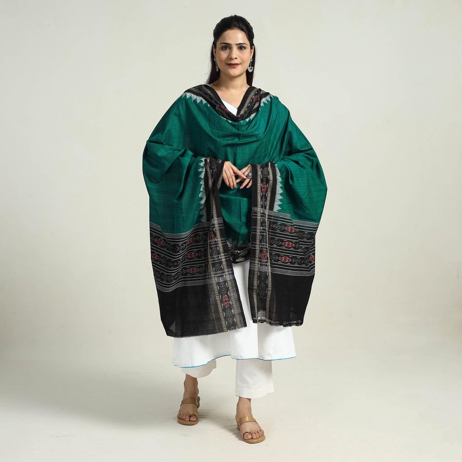 Image of Cotton Dupatta with weaving and Ikat woven border from the Weavers Stole for Girls & Women