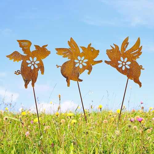 Vausart Flying Pig Metal Garden Stakes Decor, Decorative Garden Stakes, Lawn Art Yard Decorations Outdoor with Rust Paint Process, When Pigs Fly Garden Statue, Pig Stuff Pig Gifts Set of 3
