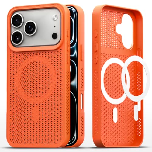 Image of Pikkme Back Cover for iPhone 17 Pro | Honeycomb Cooling Design | Silicone Heat Dissipation | Mag-Safe Compatible | Shockproof Camera Protection Bumper Case (Orange)