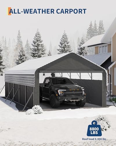 Image of Garvee 12'X24'X9' Metal Carport, Enclosed Car Ports with Heavy Duty Steel Frame and 220 g Tarp, All-Weather Carport for Full-Size Pickup Trucks, Bass Boats, and Tractors