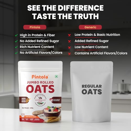 Image of Pintola Oats 400g, Rolled Oats, Diet Food, Weight Management, Natural Whole Grain, High in Fibre & Protein, Jumbo Rolled Oats, Breakfast Cereals, Gluten Free Oatmeal, Dalia Porridge