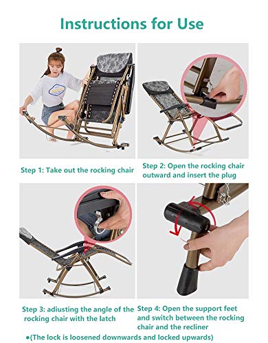 Cadeira de balanço dobrável para pátio adulto com almofada de bambu, reclinável resistente para cade